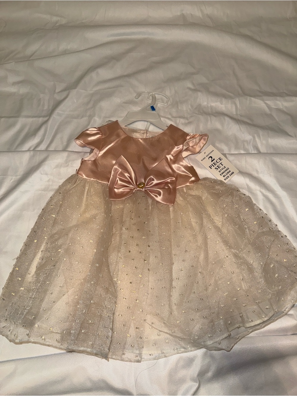 Rare Editions Pink Satin & Ivory Glitter Tulle Dress with Bow